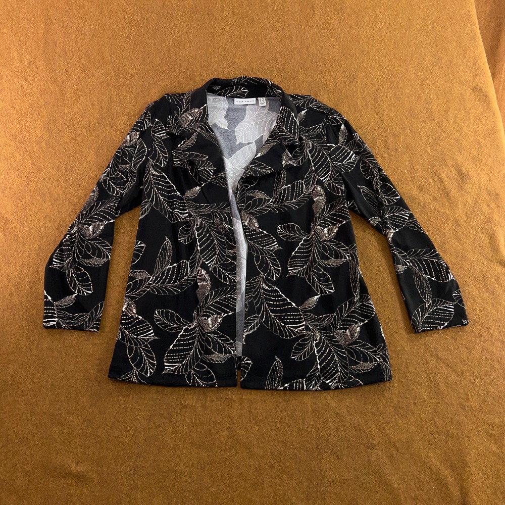 Susan Graver Womens MP Black Leaf Print Liquid Knit Open Front Cardigan New